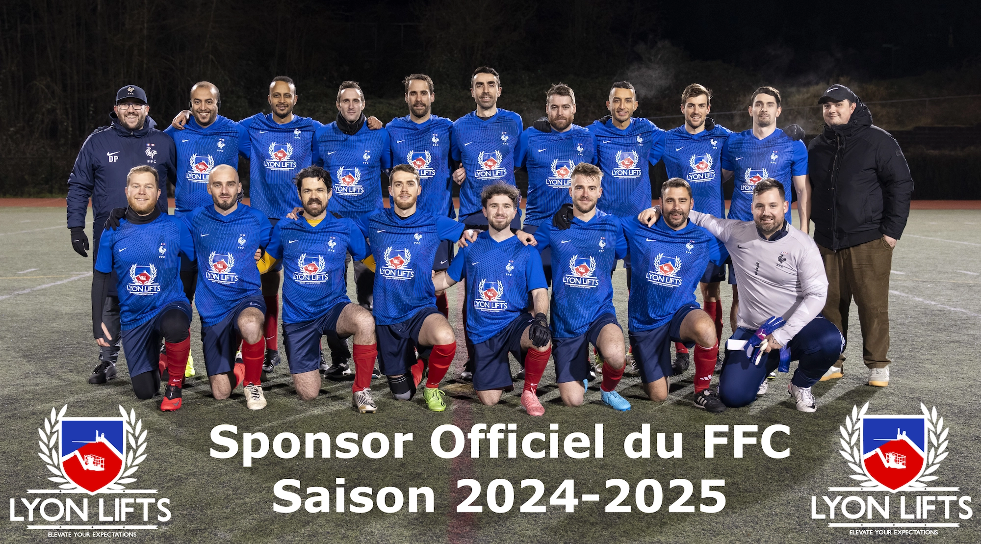 A men's soccer team poses together on a field wearing blue uniforms. Text at the bottom reads: 
