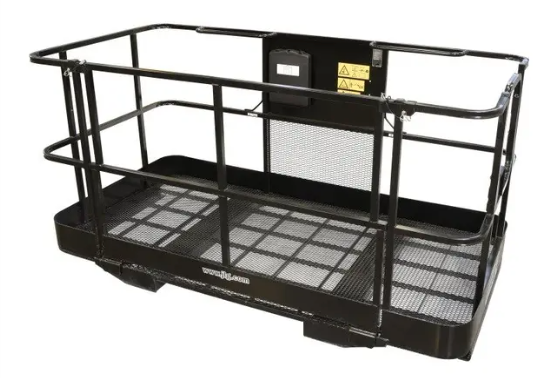 Fork mounted telehandler work platform attachment with guardrails and mesh floor, Lyon Lifts